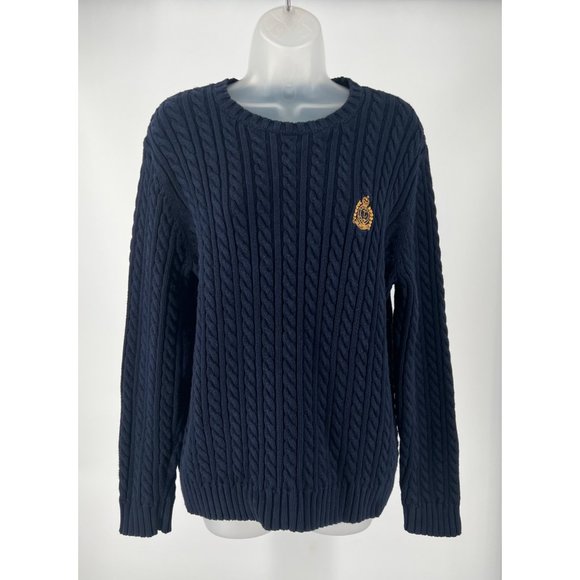 Vintage Ralph Lauren Navy Blue Cable Knit Pullover Sweater with Crest Size Mediu - Picture 2 of 8